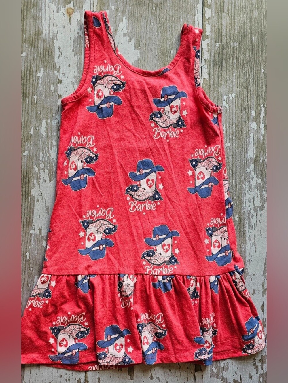 Barbie Red Sleeveless Dress with Blue Cowgirl Hat Print Size 6
